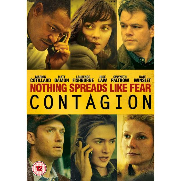Collage of six actors from the movie "Contagion" along with the movie title and tagline "Nothing Spreads Like Fear."