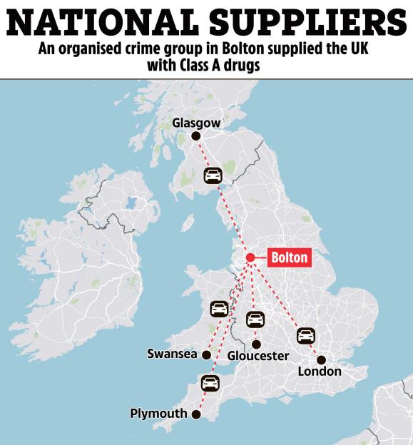 Illustration of a map of the UK showing Bolton as a central hub for drug distribution to Glasgow, Swansea, Gloucester, Plymouth, and London.
