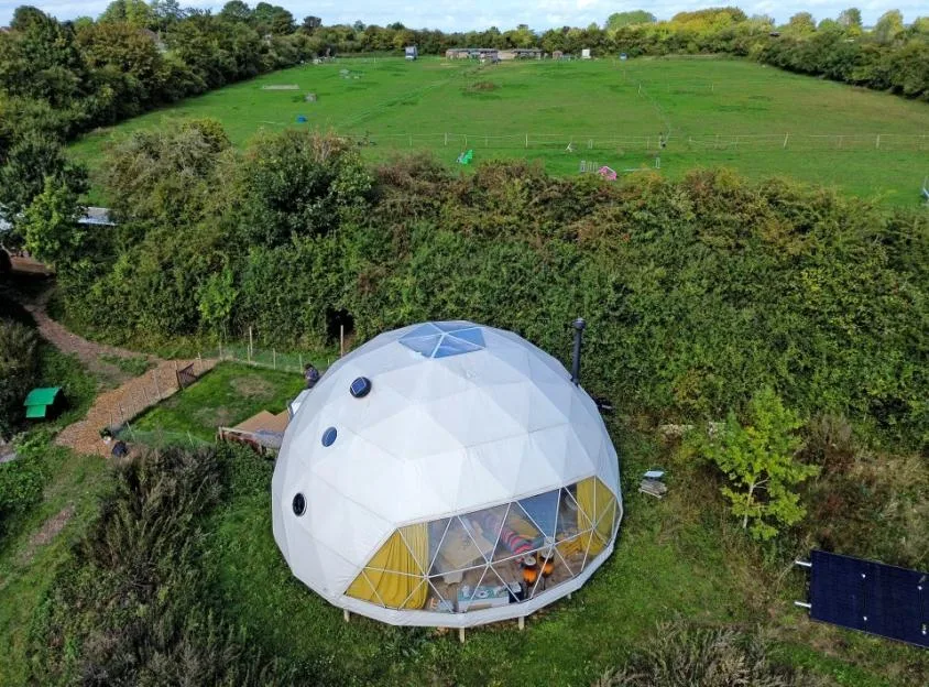 An aerial view of the off-grid dome where the Wright family lives in South Wonston, Hampshire.