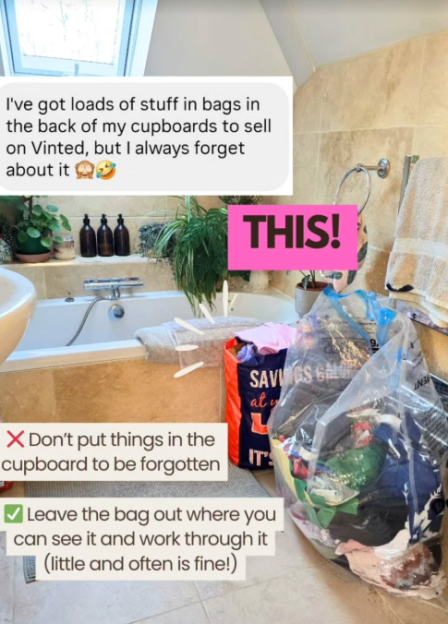 A bathroom with a bathtub and sink, showing two bags of clothes by the tub, one a large clear plastic bag and the other an orange reusable shopping bag, with text overlays.