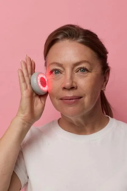 A woman holds a small anti-aging gadget with a glowing red light to her cheek.