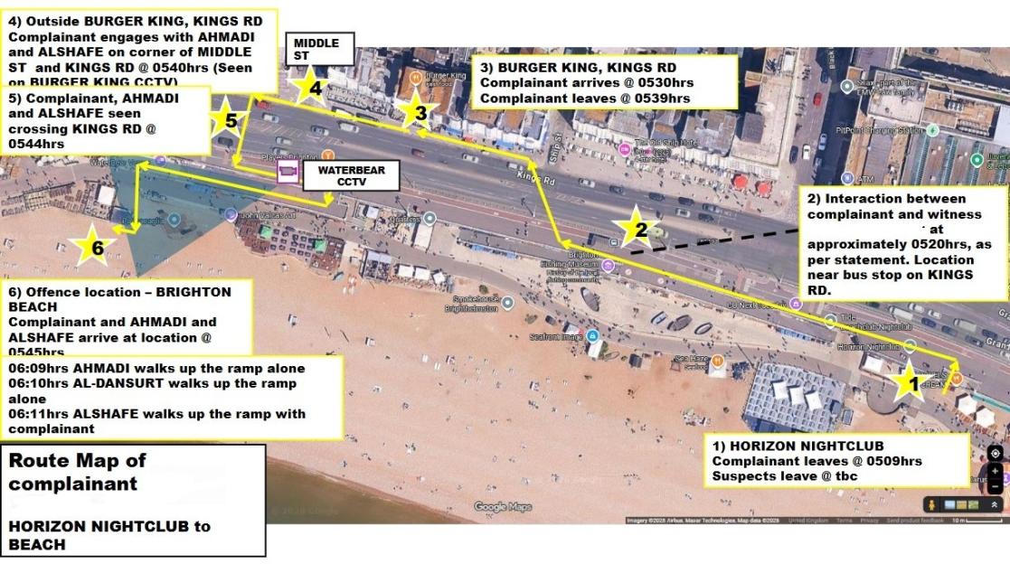 An aerial map showing the route of a complainant from a nightclub to Brighton Beach, with points of interaction and the offense location marked.