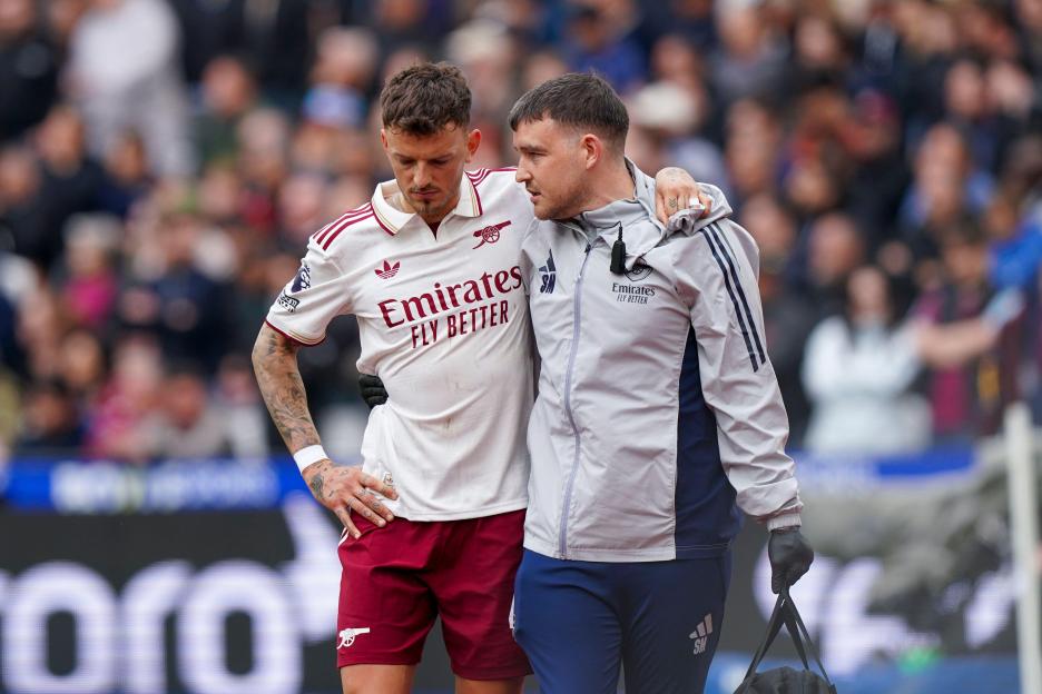 Arsenal defender Ben White (4) goes off injured during the West Ham United v Arsenal Premier League match at the London Stadium, London, England on 10 May 2026 Credit: Robbie Hoad/Every Second Media