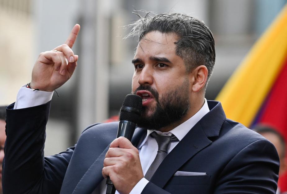 Demonstration outside the National Assembly in Caracas on the day Delcy Rodriguez was formally sworn in as Venezuela's interim president