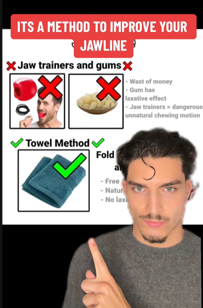 A man presenting information about jawline improvement methods, including "Jaw trainers and gums" marked with an X, and a "Towel Method" marked with a check.