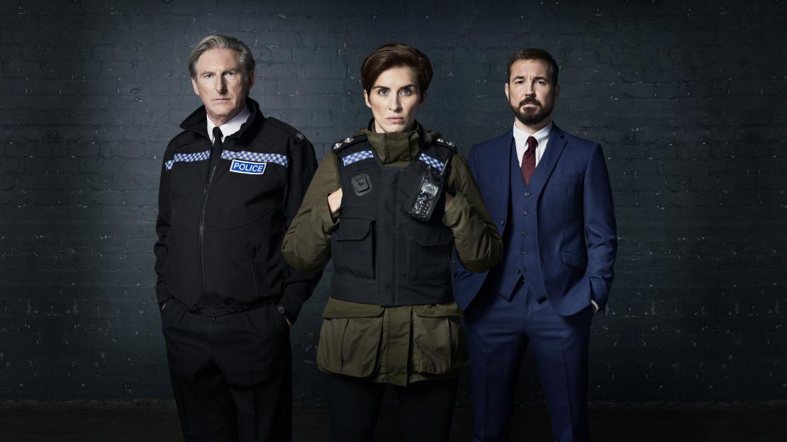 Adrian Dunbar as Ted Hastings, Vicky McClure as Kate Fleming, and Martin Compston as Steve Arnott in BBC drama Line of Duty.