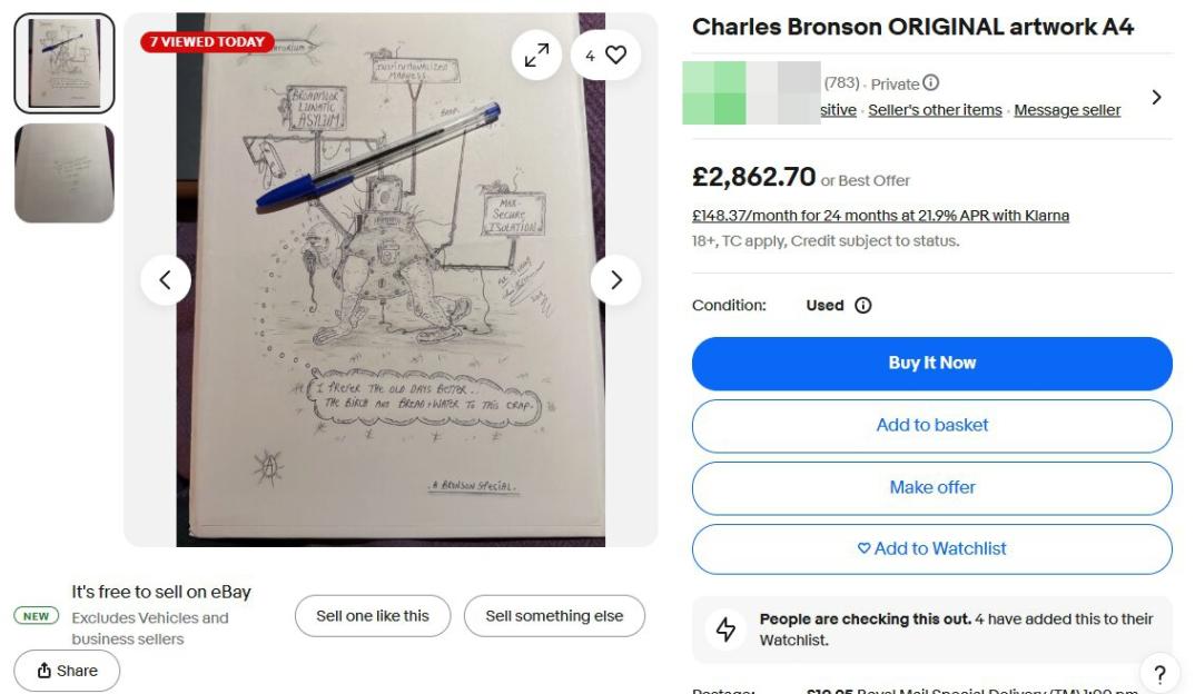 Illustration of a Charles Bronson drawing on eBay, showing a pen next to the drawing.