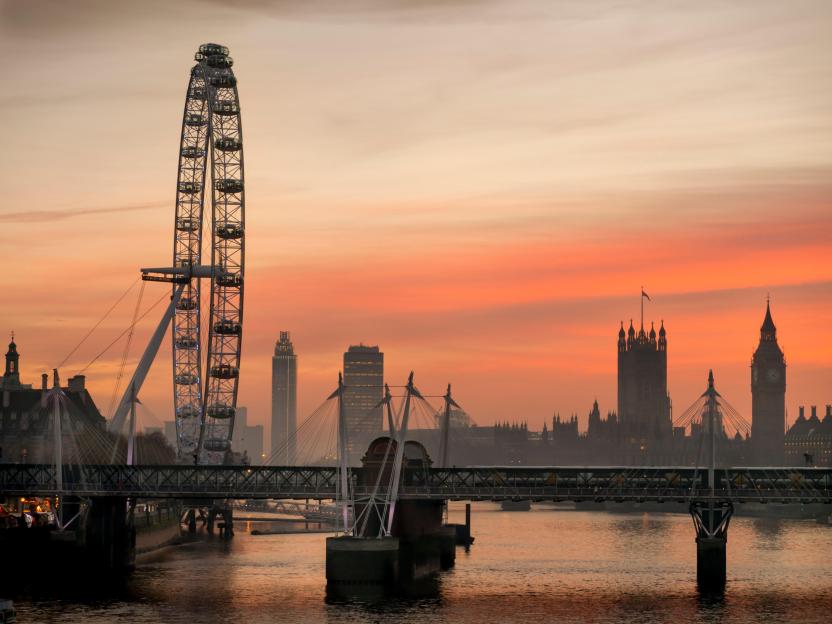 The London skyline featuring the eye and the Hungerford bridge