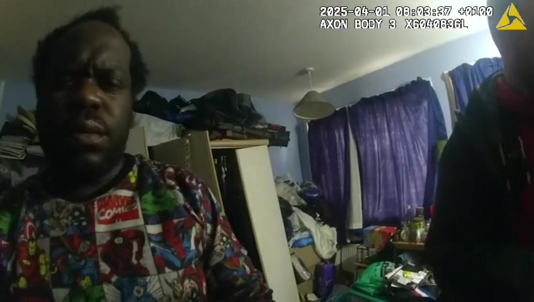 Screengrab from a bodyworn camera showing the arrest of Simon Levy.