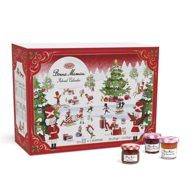 Illustration of a Bonne Maman advent calendar with three Bonne Maman jam jars.