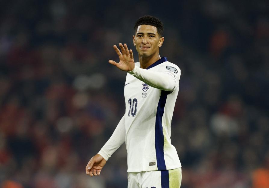 England's Jude Bellingham reacts during a World Cup Qualifier match against Albania.