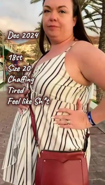A woman in a striped dress with text describing her weight, clothing size, and feelings of "Chaffing, Tired, Feel like Sh*t".