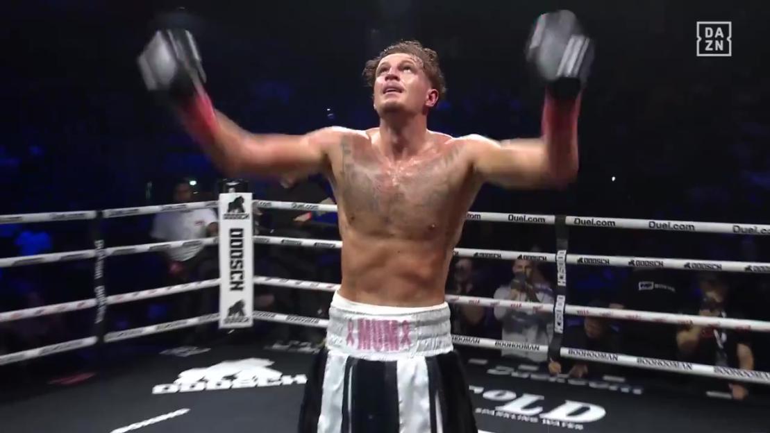 England star’s brother secures stoppage win on Misfits Boxing card as referee waves off fight
