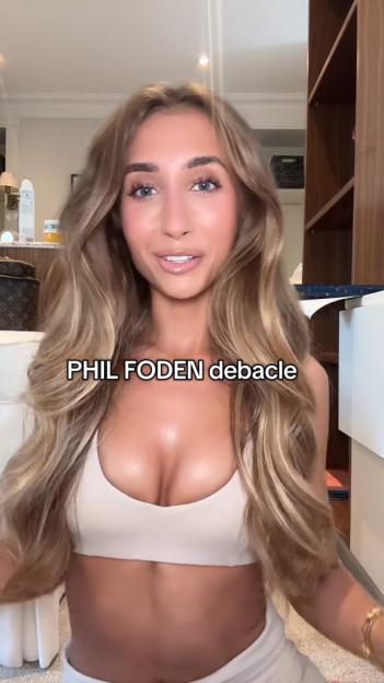 Lily Phillips in a beige top with the text "PHIL FODEN debacle" on the image.
