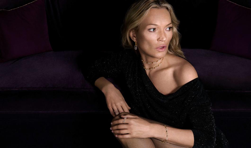 Kate Moss modeling Messika jewelry, including a necklace, earrings, rings, and bracelet.