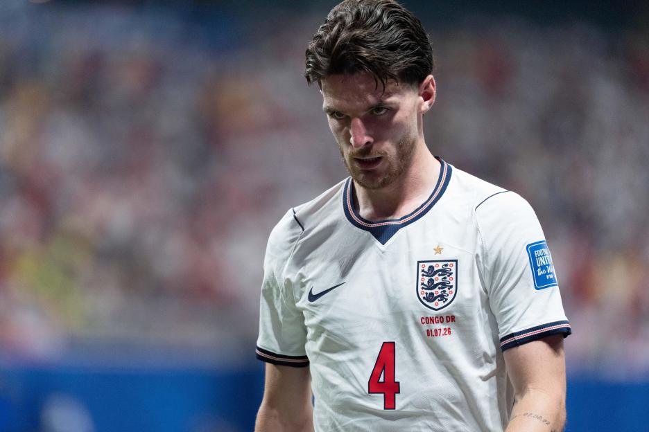 Declan Rice of England looking on during a FIFA Men's World Cup 2026 match.