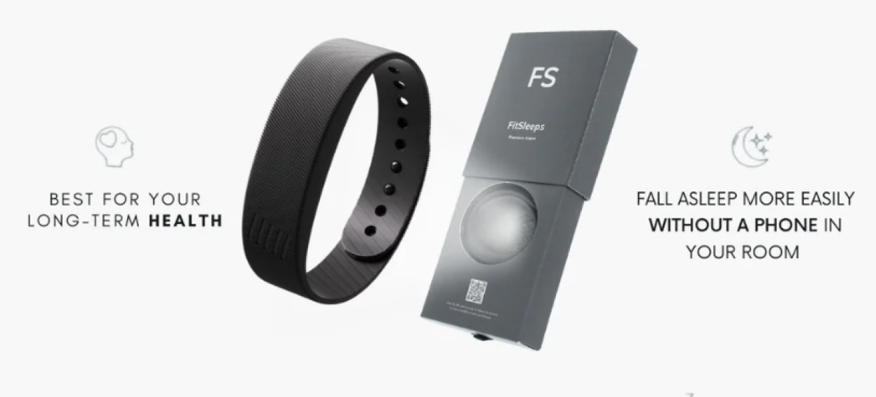 A black fitness tracker and a FitSleeps product box, promoting long-term health and easier sleep without a phone.