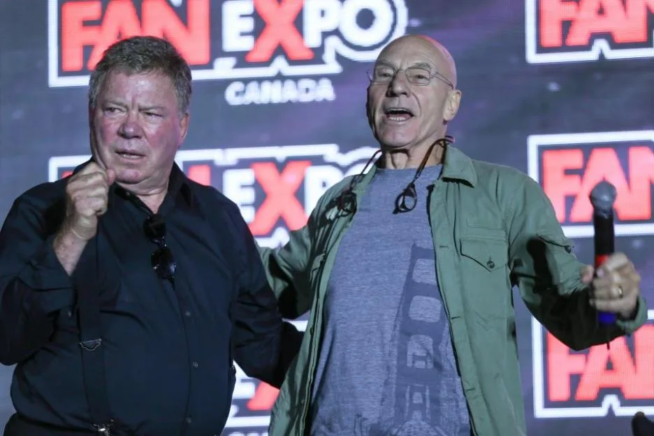 Actors William Shatner and Patrick Stewart on stage at Fan Expo Canada.