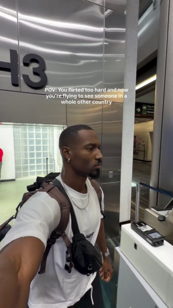 Man with a backpack and fanny pack walks through an airport gate, with text overlay reading "POV: You flirted too hard and now you're flying to see someone in a whole other country."