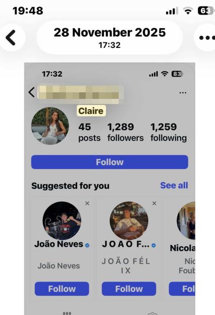A screenshot of a phone screen showing a social media profile for "Claire" with 45 posts, 1,289 followers, and 1,259 following, with "Suggested for you" profiles below.