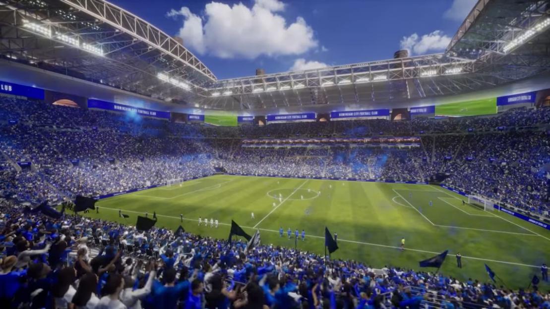 Illustration of a crowded soccer stadium with fans in blue, a green field, and stadium lights.