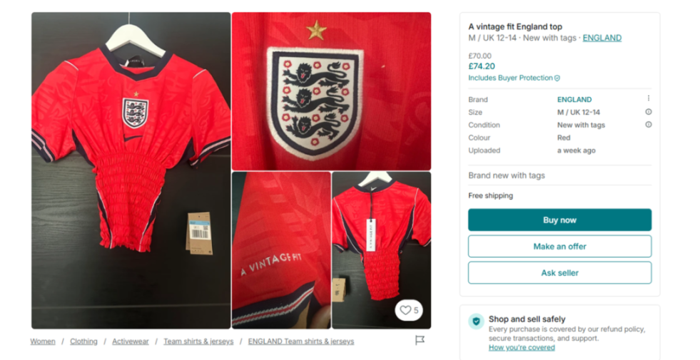 A red women's England football shirt for sale on Vinted.