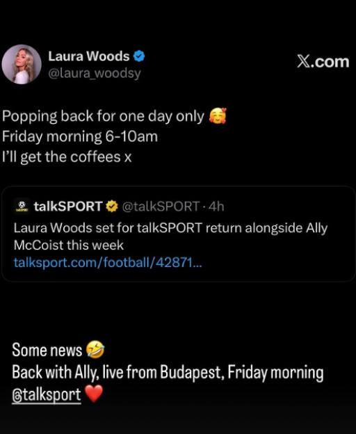 Tweets about Laura Woods returning to talkSPORT.