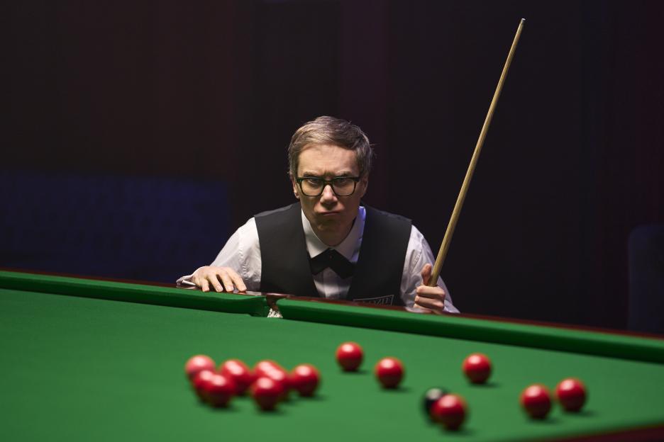 Ludwig in a waistcoat and bow tie playing snooker.