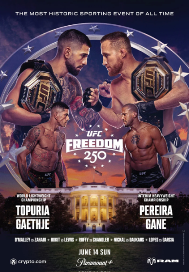 Illustration of a UFC poster featuring four fighters, two holding championship belts, with the White House in the background and the text "UFC Freedom 250."