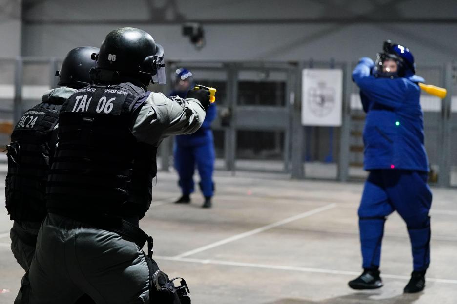 A demonstration of officers using a taser for high-risk scenarios during the launch of a taser trial in the adult male prison estate at the Operational Response & Resilience Unit (ORRU) training site in Kidlington, Oxfordshire. Picture date: Thursday