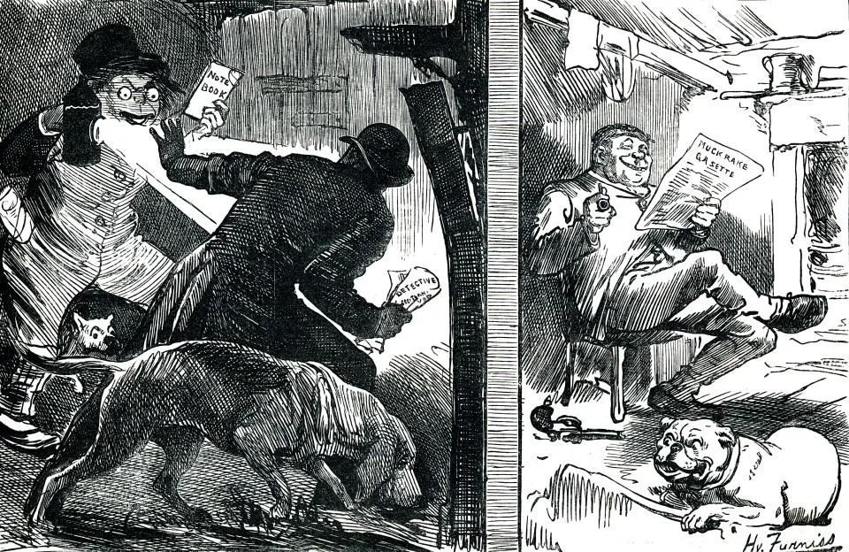 Illustration of a 19th-century detective with a bloodhound investigating a crime scene next to a man relaxing and reading a newspaper.