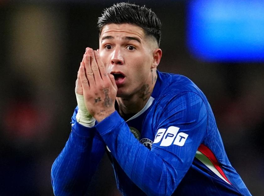 Enzo Fernandez reacts to a decision during a Premier League match.