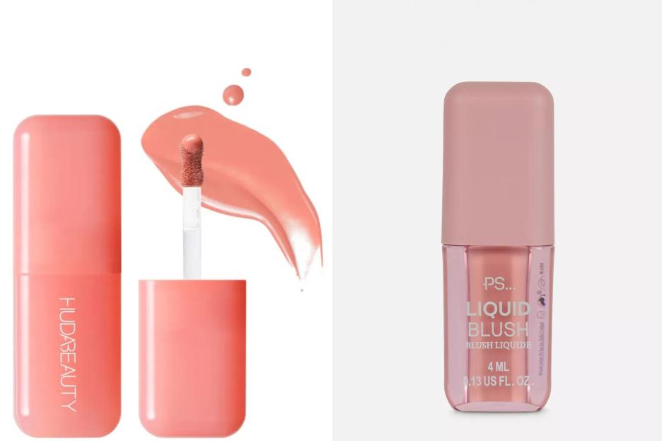 An image collage containing 2 images, Image 1 shows Huda Beauty lip gloss in a pink tube with a swatch of the product, Image 2 shows PS... Liquid Blush, 4ml