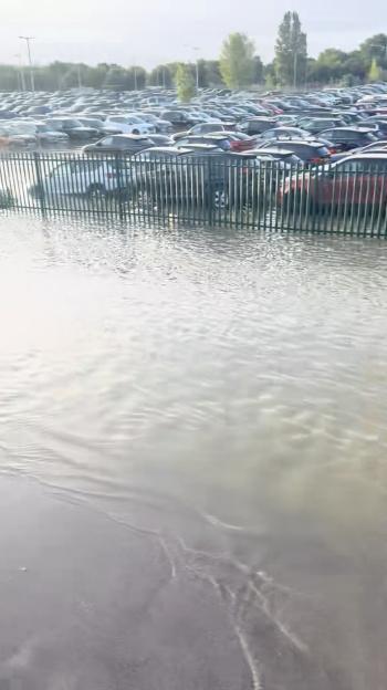 A flooded car park with many cars submerged up to their tires.