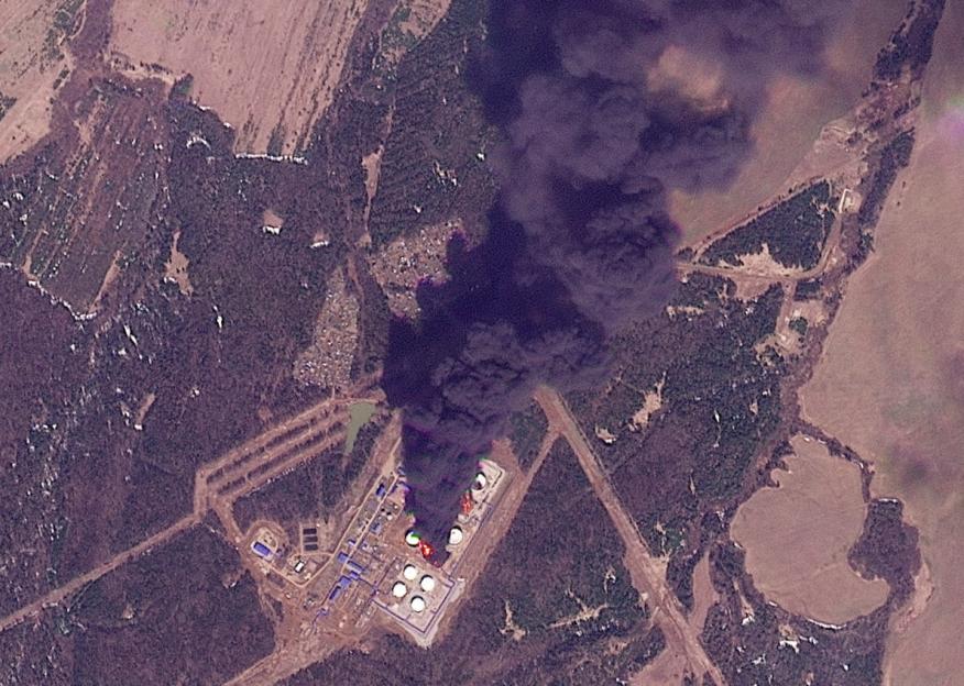 A satellite image shows smoke rising following a Ukrainian drone attack on an oil pumping station amid the Russia-Ukraine conflict, in Bashkultaevo