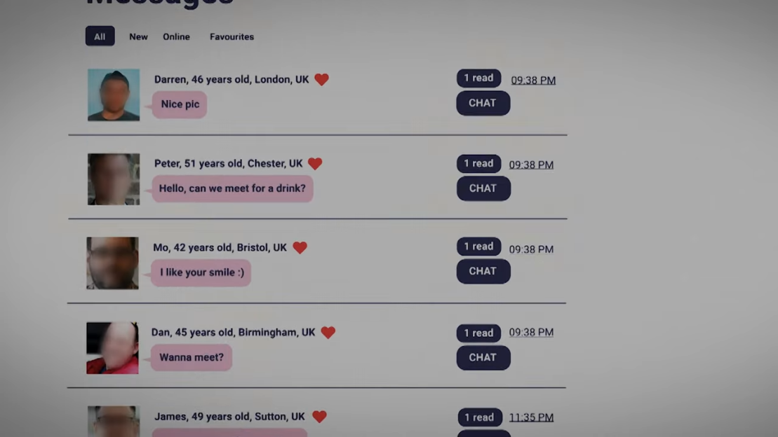 A messaging app showing multiple messages from different men to Diana Garbutt.