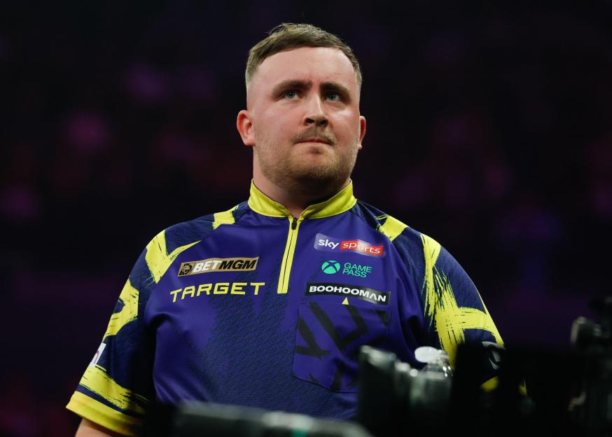 Liverpool, United Kingdom, 23rd April 2026. Luke Littler reacts during the Luke Humphries vs Luke Littler 2026 BetMGM Premier League match at M&S Bank Arena, Liverpool. Picture credit should read: Cody Froggatt / Sportimage