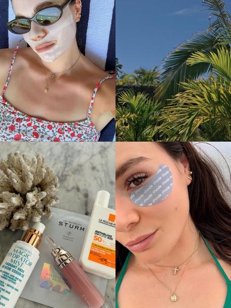 Collage of four images, including Holly Ramsay Peaty using a face mask and eye patches, and a display of skincare products.