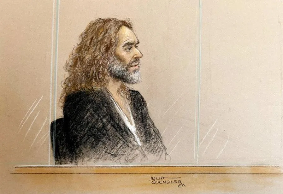 Courtroom illustration of Russell Brand appearing at Southwark Crown Court.