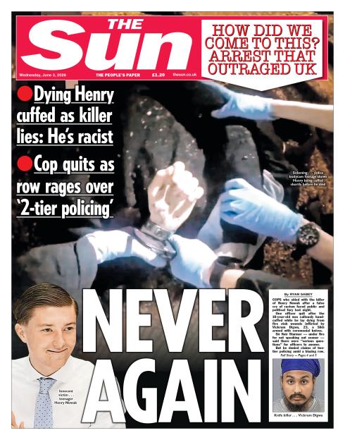 Newspaper front page with headline "Never Again" about the handcuffing of a dying man.
