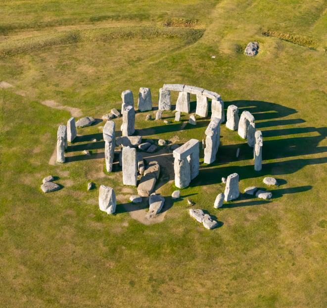 Stunning aerial view of the spectacular historical monument of Stonehenge stone circles, Wiltshire, England, UK