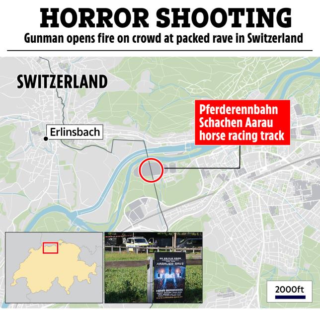 Map of Switzerland showing the location of a shooting incident at the Pferderennbahn Schachen Aarau horse racing track.