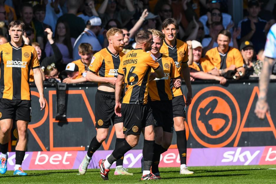 James Gibbons of Cambridge United celebrates after scoring teams second goal during the Sky Bet League 2 match between Cambridge United and Barrow at the Cledara Abbey Stadium, Cambridge on Saturday 25th April 2026. (Photo: Kevin Hodgson | MI News) C