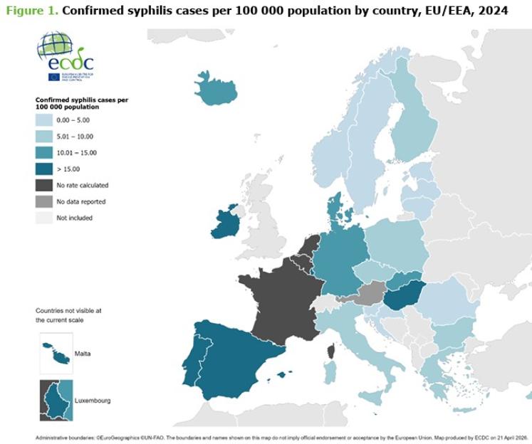 Map showing confirmed syphilis cases per 100,000 population by country in the EU/EEA, 2024.