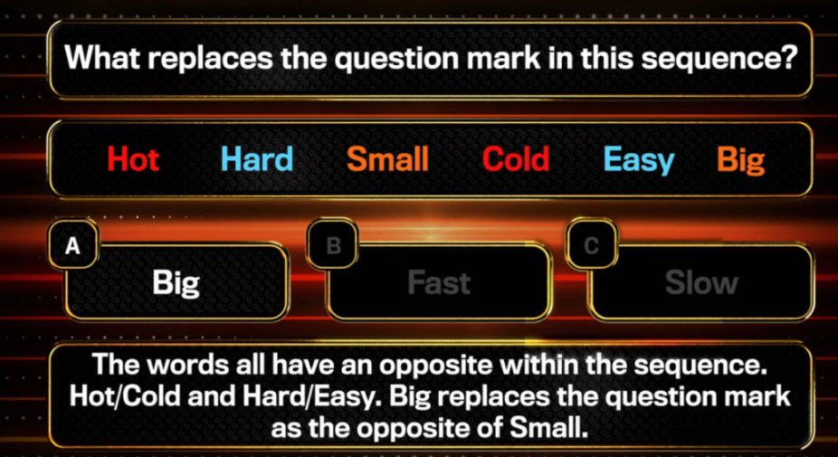 An illustration of a word puzzle where "Big" is the correct answer to replace the question mark, explaining that all words in the sequence have an opposite.