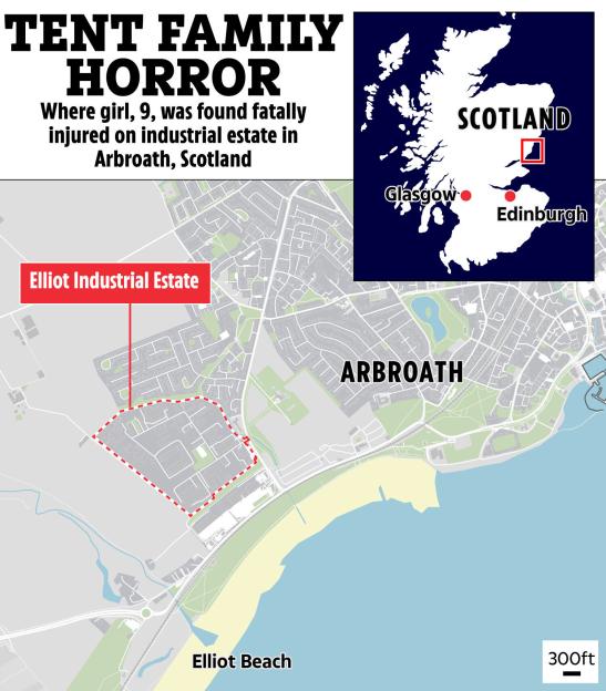 Illustration of a map of Scotland showing Arbroath and the Elliot Industrial Estate where a 9-year-old girl was fatally injured.