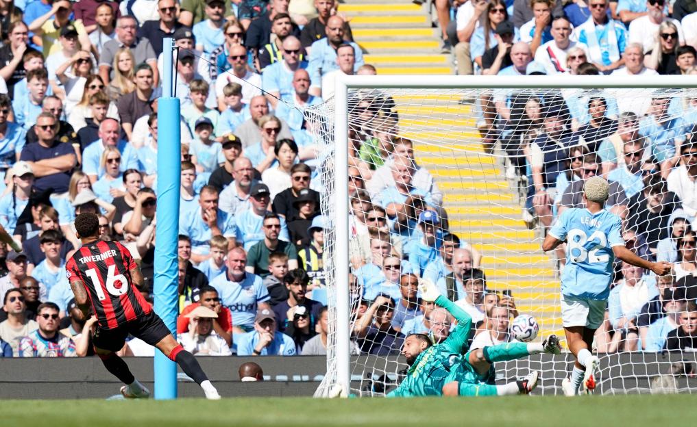 Manchester, UK. 23rd Aug, 2026. Marcus Tavernier of Bournemouth scores the first goal during the Manchester City vs AFC Bournemouth Premier League match at the Etihad Stadium, Manchester. Picture credit should read: Andrew Yates/Sportimage Credit: Sp
