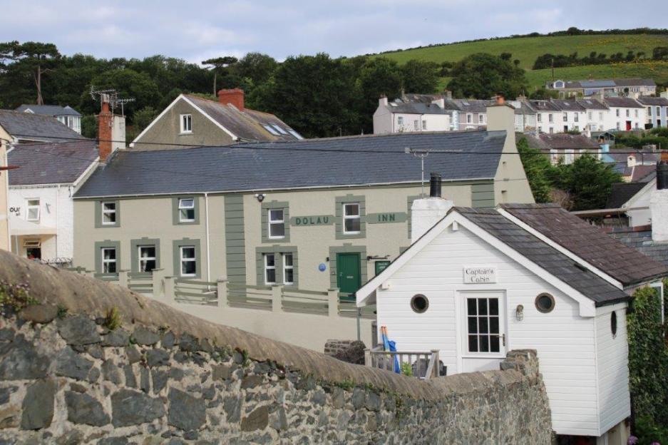 The Dolau Inn, a cream-colored building with green trim, stands among other buildings in a seaside village.