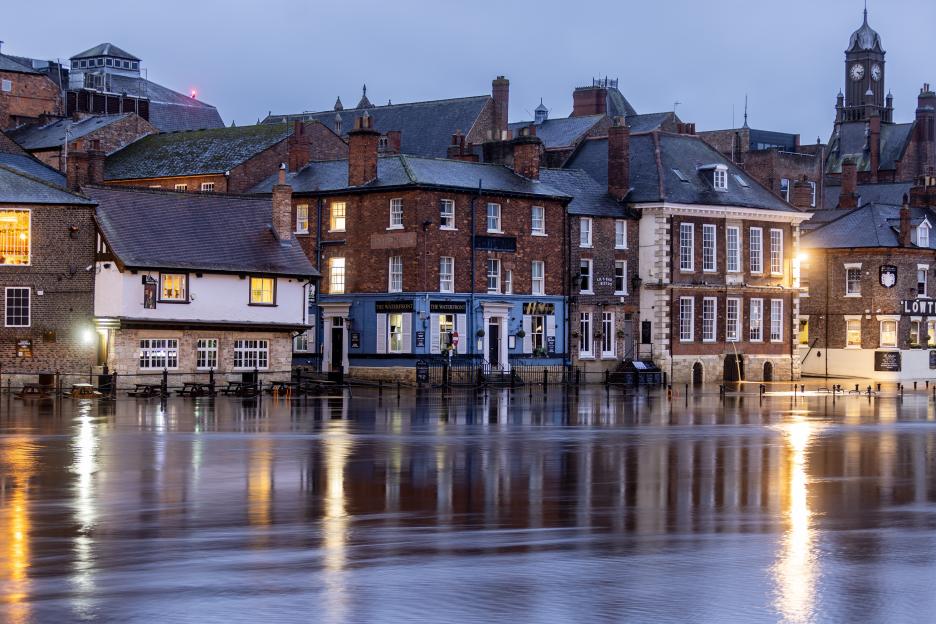 Flooding in York city center where the River Ouse has broken its banks.