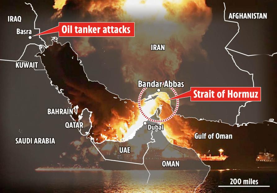 Illustration of a map of the Middle East, showing the Strait of Hormuz and Basra as locations of oil tanker attacks.